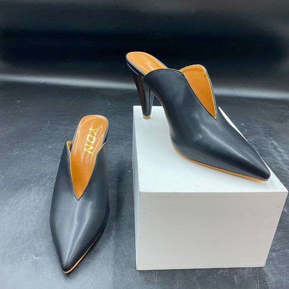 YDN Shoes Ydn Womens Cone Heel Pointed Toe Slide Mules Slip On V